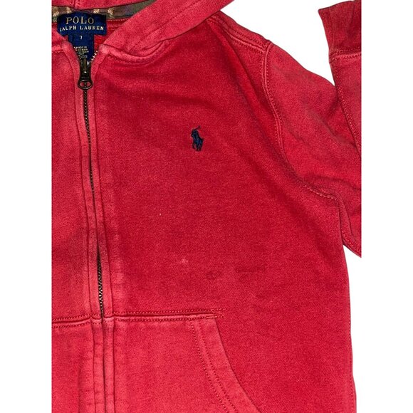 Polo Ralph Lauren Kids Red Full-Zip Hoodie Jacket Size 7 Plaid Hood Lining Cotto - Picture 2 of 8